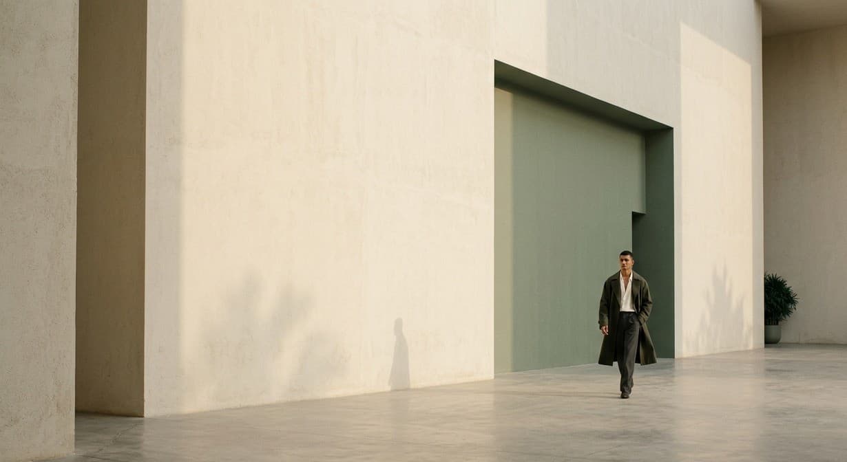 Model in an olive overcoat crossing a sunlit courtyard