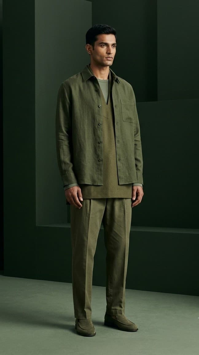 Olive overshirt layered over knitwear and trousers