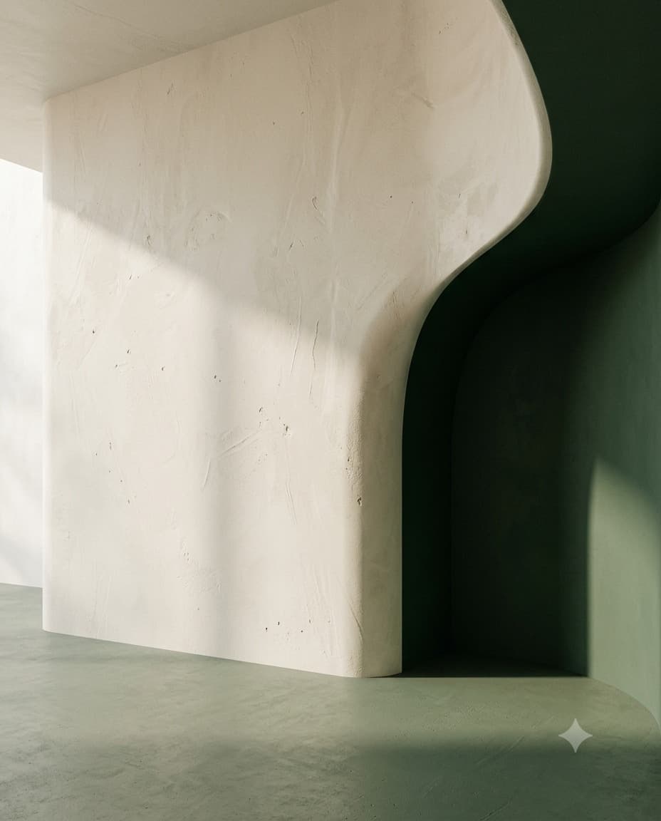 Curved cream and olive forms in raking light