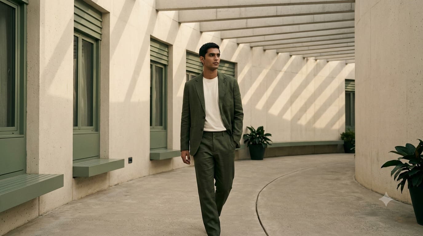 Model in an olive linen suit walking a shaded colonnade