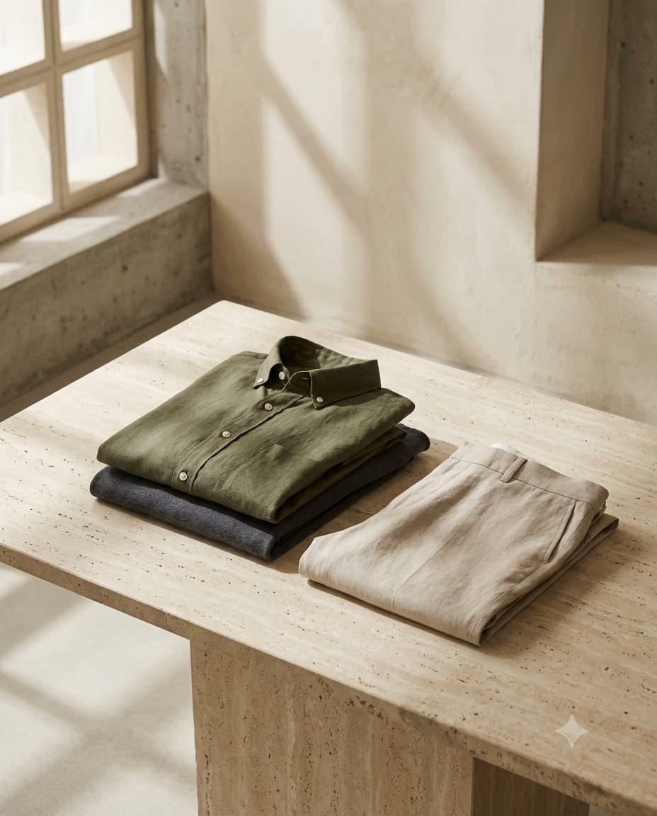 Folded olive, charcoal and cream shirts on a stone table