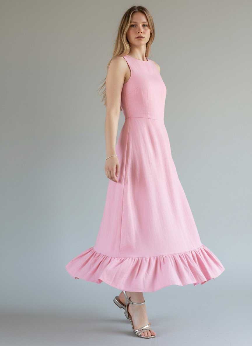Pink Ruffle Hem Midi Dress