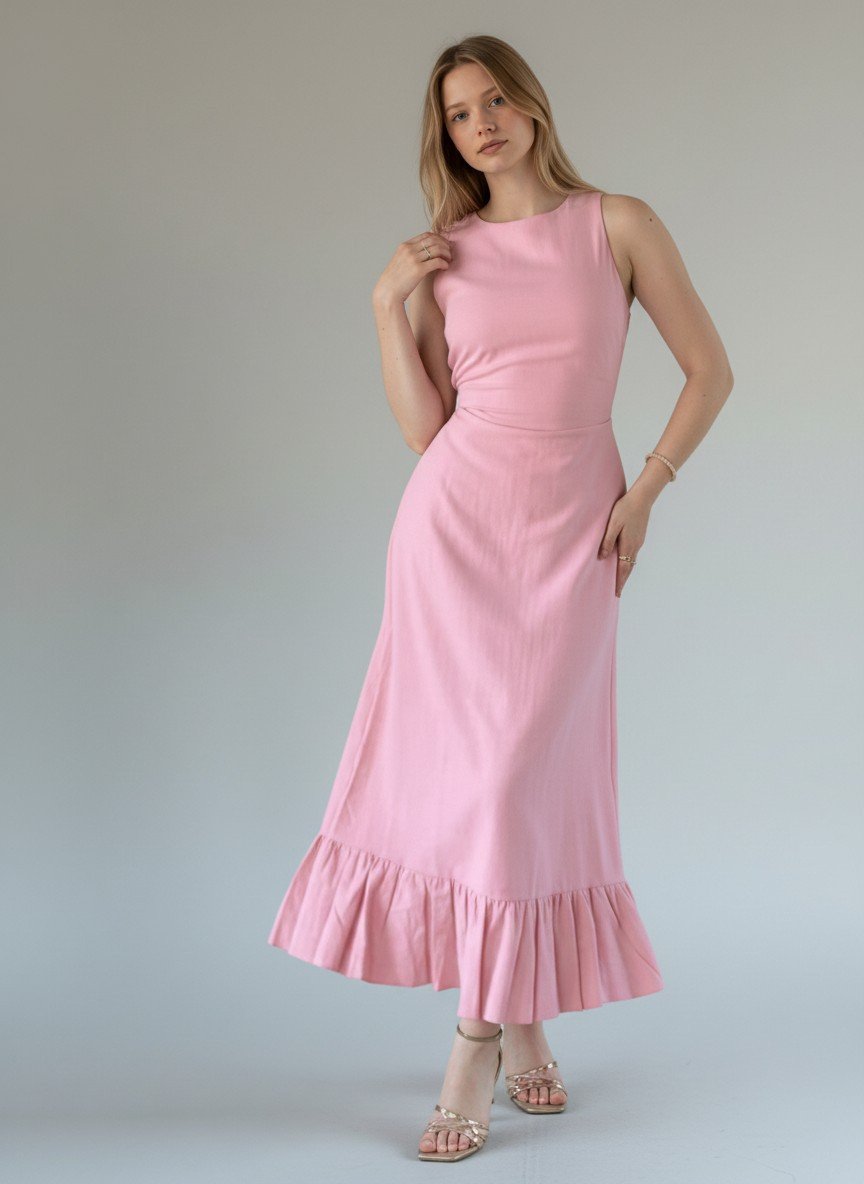 Pink Ruffle Hem Midi Dress