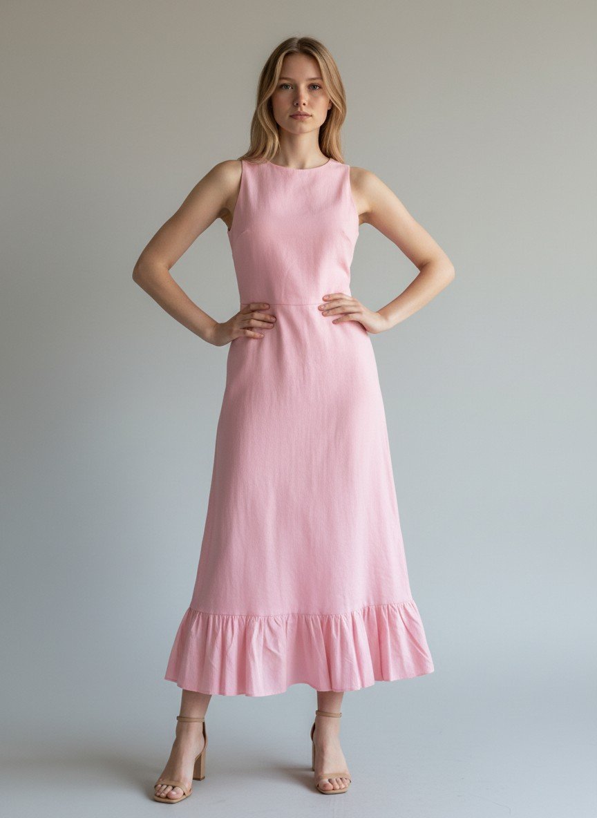 Pink Ruffle Hem Midi Dress